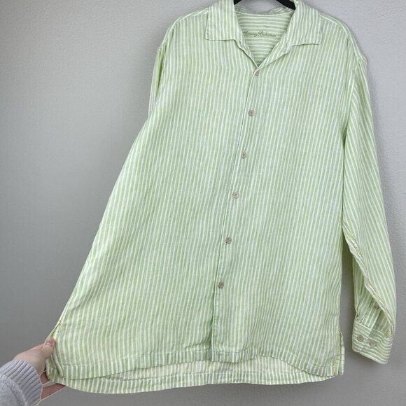 Tommy Bahama Men's Large 100% Linen Button Down Collared Shirt Green White Strip - Picture 10 of 16